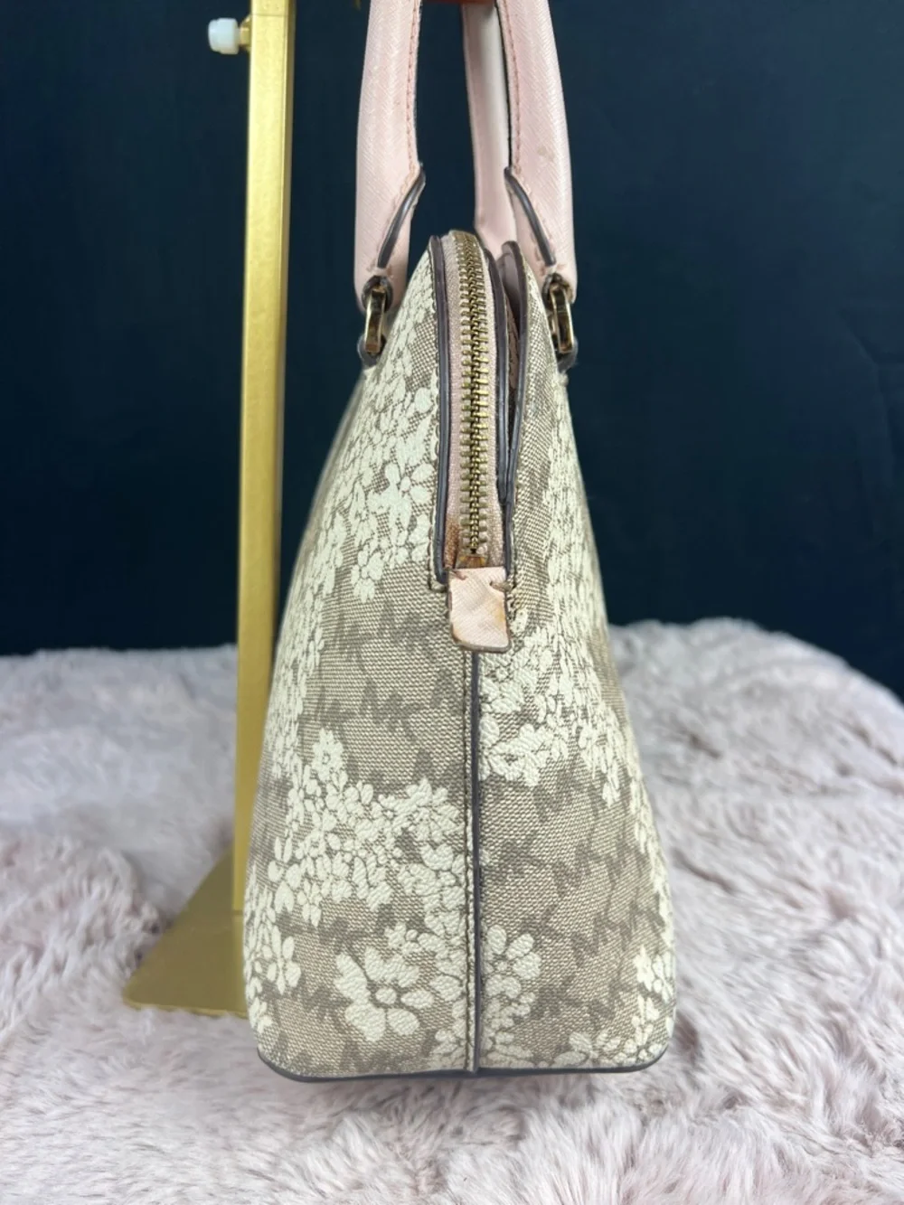 Michael Kors Cindy Medium Dome Satchel Floral MK Logo Print Pink - Picture 4 of 11